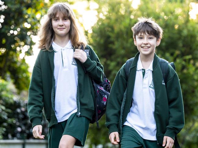 ***Embargoed for the Weekend papers***Friday 29th April 2022Gordon NSW 2072Anastasiia Prokopchuk 12yrs and her brother Kyrylo Prokopchuk 10yrswho were evacuated from Ukraine to a Sydney Family.Walking to their new school this morning on a beautiful Sydney morning. PictureÃs Darren Leigh Roberts