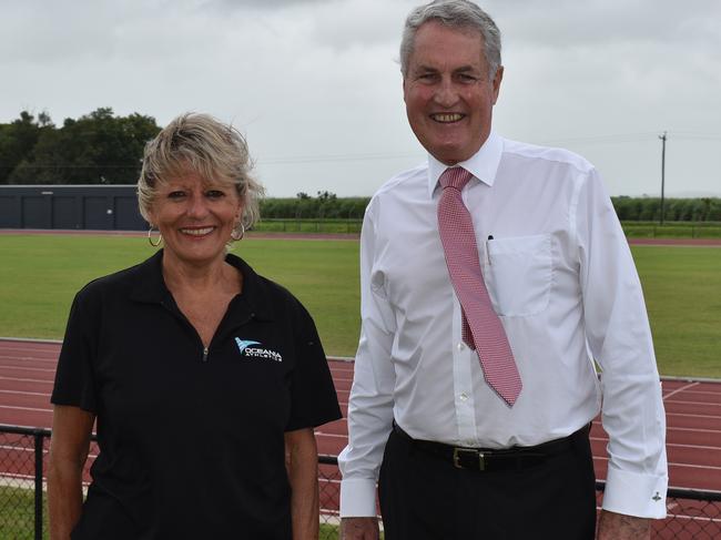 Executive Director of Oceania Athletics Association Yvonne Mullins and Mackay Mayor Greg Williamson announce Mackay will host 2022 Oceania Championships. Picture: Madeleine Graham