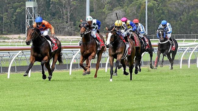 AT CORBOULD PARK: Horses rattle down the straight at Sunday's meeting. Picture: Warren Lynam