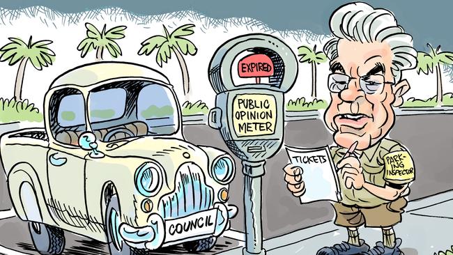 Townsville Bulletin’s cartoonist Harry Bruce’s portrayal of former mayor Tony Mooney criticising the Townsville City Council’s plans to issue parking fees at The Strand. Cartoon: Harry Bruce