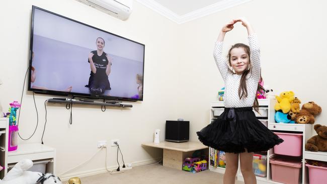 Jahzara Temple, 7, who suffers from an extremely rare genetic condition, has been taking ballet lessons via Zoom. Picture: Lachie Millard