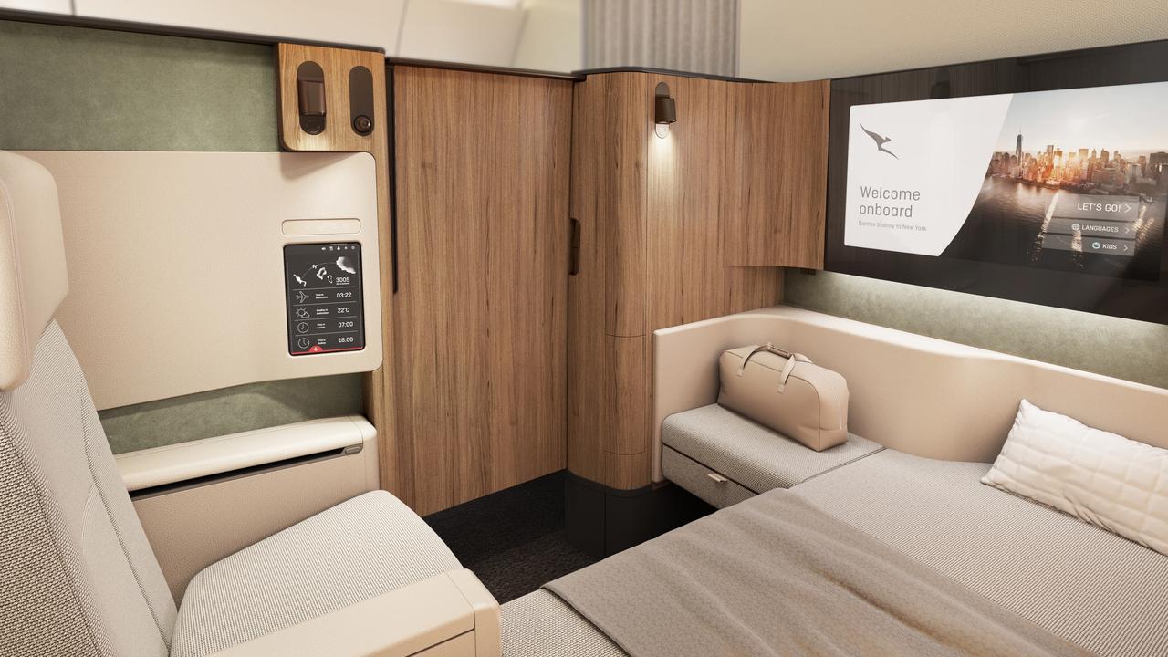 The first class suite on Qantas’ new Airbus A350s has been described by the airline as a ‘mini boutique hotel room’.