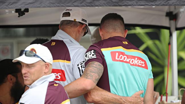 Wayne Bennett and Darius Boyd at Broncos training at St Lucia. Picture: Annette Dew