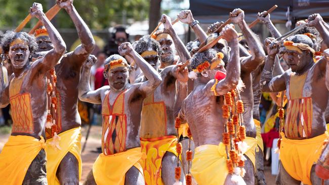 Gumatj clan dancers perform at the funeral service of Yunupingu in northeast Arnhem Land. Picture: Peter Eve / Yothu Yindi Foundation