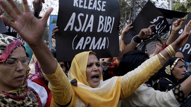 Supporters of All Pakistan Minorities Alliance rally against Asia Bibi’s execution. Picture: AP.