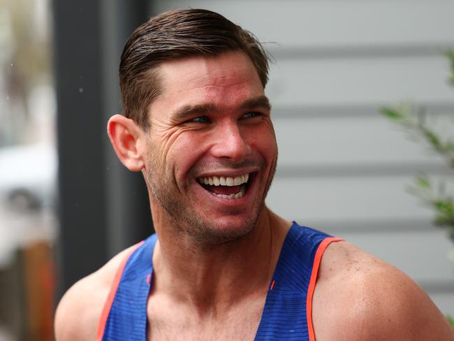 GEELONG, AUSTRALIA - SEPTEMBER 25: Tom Hawkins speaks to media at Geelong Cats AFL players end of season celebration at the Wharf Shed on September 25, 2024 in Geelong, Australia. (Photo by Morgan Hancock/Getty Images)