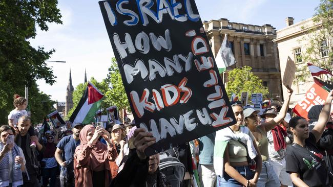 Crowds join a pro-Palestinian protest and march in Sydney. Picture: NCA NewsWire / Monique Harmer