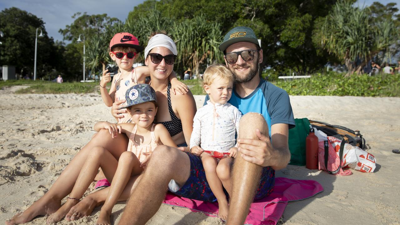 Australia Day at Bribie Island. Julie and Max with Ires, Jade and Eva from France. Picture: Dominika Lis