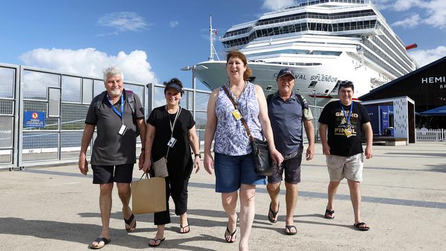 The Carnival Splendor docked at the Cairns Cruise Liner Terminal with thousands of tourists coming ashore and heading out on day trips around the region. Garry and Kathleen Saunders, Pam Cochrane, Phillip Cochrane and Brenton Saunders were keen to see what attractions Cairns had to offer. Picture: Brendan Radke