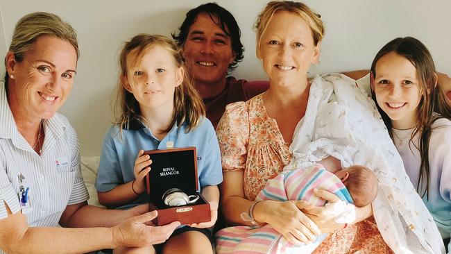 Midwifery unit manager Michelle Brinkman with the Espie family and their new baby boy. Picture: Supplied