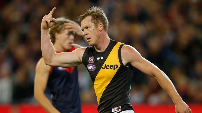MELBOURNE, AUSTRALIA - APRIL 24: Jack Riewoldt of the Tigers celebrates a goal during the 2016 AFL Round 05 match between the Melbourne Demons and the Richmond Tigers at the Melbourne Cricket Ground, Melbourne on April 24, 2016. (Photo by Michael Willson/AFL Media/Getty Images)
