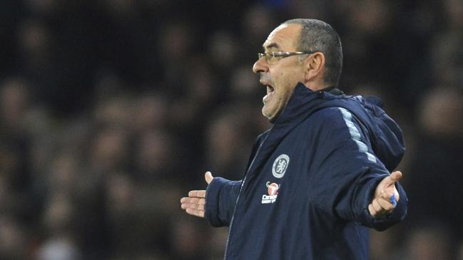 Chelsea manager Maurizio Sarri reacts during the English Premier League soccer match between Wolverhampton Wanderers and Chelsea at the Molineux Stadium in Wolverhampton, England, Wednesday, Dec. 5, 2018. (AP Photo/Rui Vieira)