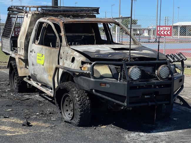 Almost one month after the torching of a car by the side of the Habana-Yakapari Rd, the shell of a ute was found burned out in the carpark of the Mackay netball courts. Photo: Fergus Gregg