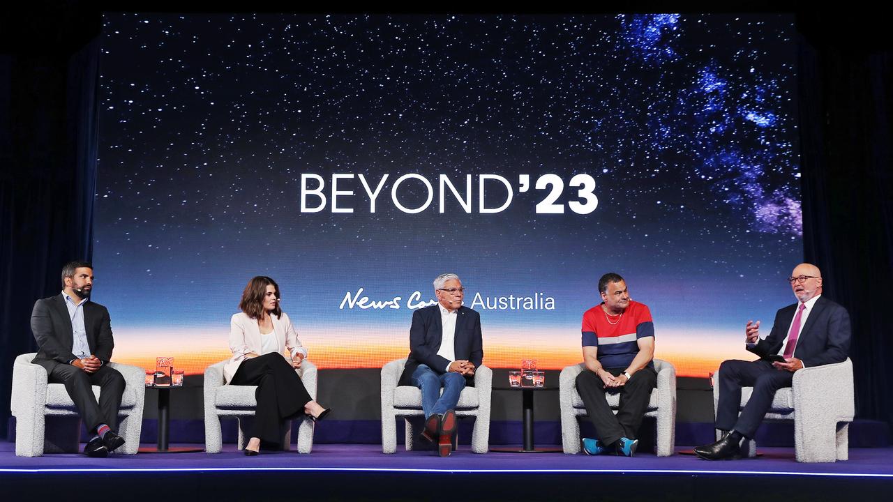 Chris Kenny (right) moderated the debate regarding an Indigenous voice in parliament. (Left to right) Dean Parker, Hannah Hollis, Nyunggai Warren Mundine, Anthony Dillon and Chris Kenny. Picture: Sam Ruttyn