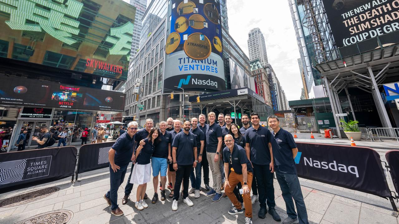 The Titanium Ventures team at Times Square, New York, celebrating reaching 100 investments. Picture: Vanja Savic