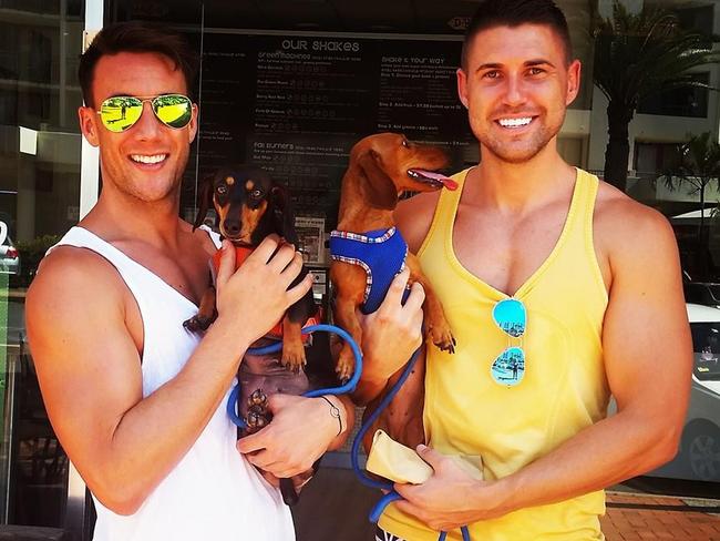 Gregory Dunn, 37, and Kelsie Smith, 31, of Benowa boarded their mini dachshunds at the Storybook Farm Sacred Animal Garden. Picture: Gregory Dunn.