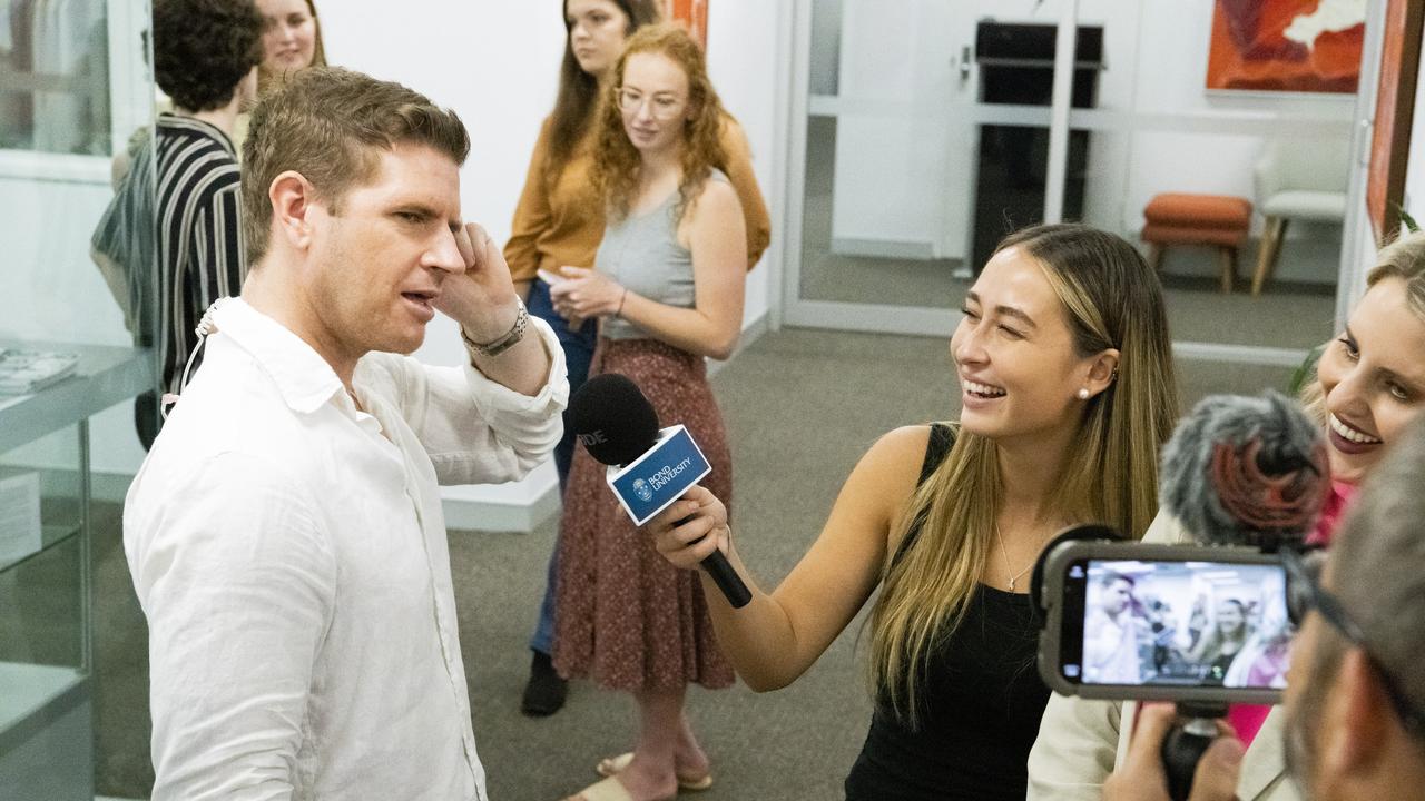 Sunrise weatherman Sam Mac with students at Bond University. Picture: Cavan Flynn/Bond University.