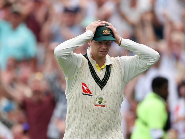 Steve Smith reacts after Josh Hazlewood drops a catch off Moeen Ali of England during Day Three of the fifth Test. Picture: Getty Images