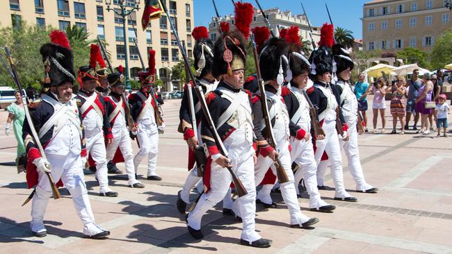 Men dressed as Napoleonic soldiers in Ajaccio.