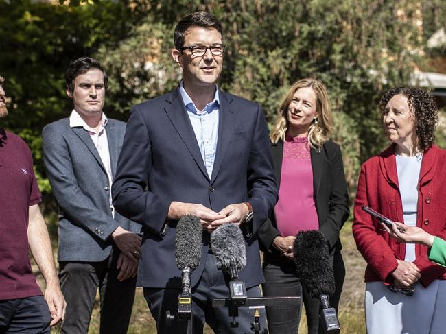 Labor’s Bastian Seidel and leader Rebecca White announce their $390m health plan. Picture: Eddie Safarik