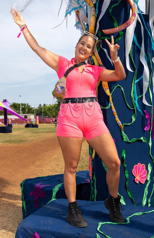 Pink dress valerie rolfes neon pink playsuit with chains and space buns xxx at the Bass in the Grass 2025. Picture: Pema Tamang Pakhrin