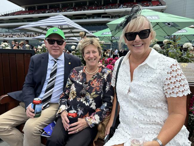 Tony Musgrave, Mandy Musgrave and Lisa Kane at Flemington for Derby Day on November 2, 2024. Picture: Phillippa Butt