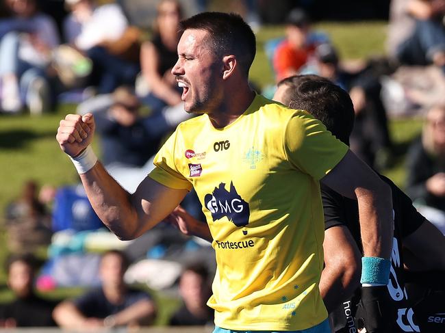PERTH, AUSTRALIA - JUNE 26: Jeremy Hayward of the Kookaburras celebrates a goal during the FIH Pro League match between the Australian Kookaburras and the New Zealand Black Sticks at the Perth Hockey Stadium on June 26, 2021 in Perth, Australia. (Photo by Paul Kane/Getty Images)
