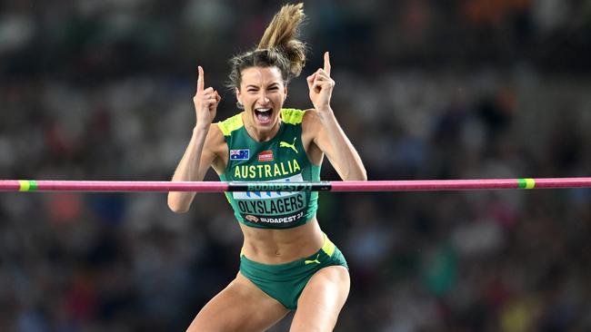 Nicola Olyslagers reacts after a jump in the women's high jump final. Picture: Getty Images