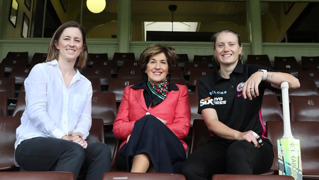 Former Australia cricket captain, Rachael Haynes, Suncorp chair and Minerva founder Christine McLoughlin and Alyssa Healy at the SCG. Picture: John Feder.