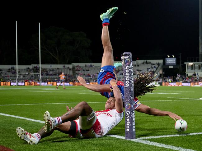 Young scored 43 tries in 51 games for the Knights, including this gravity defying effort against the Dragons in Round 27, 2023. Picture: Getty Images
