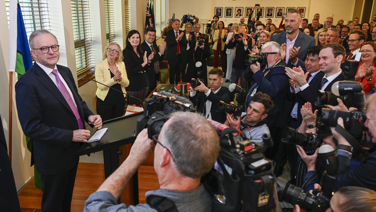 Prime Minister Anthony Albanese addresses the Australian Labor Party Caucus at Parliament House in Canberra. Picture: NewsWire / Martin Ollman