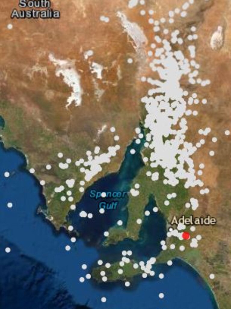 The red dot shows the location of Tuesday’s earthquake while the others show the locations of previous earthquakes in the past decade. . Picture: Geoscience Australia