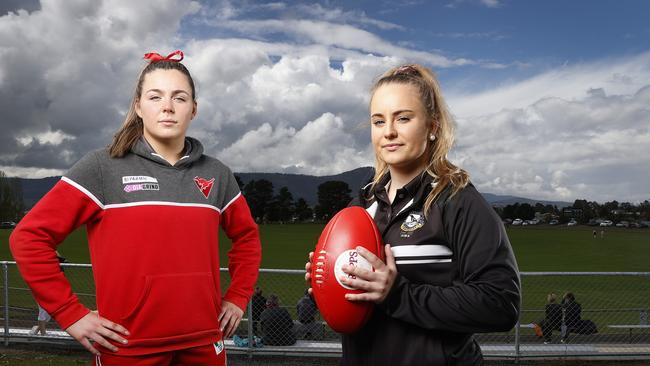 Clarence's Amy Prokopiec and Glenorchy vice-captain Brieanna Barwick ahead of their semi-final TSLW game at Claremont. Picture: Zak Simmonds