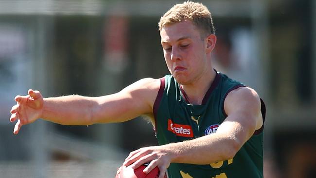 MELBOURNE, AUSTRALIA - SEPTEMBER 17: Arie Schoenmaker of the Tassie Devils kicks during the Coates Talent League Boys Preliminary Final match between Tasmania Devils and Eastern Ranges at Queen Elizabeth Oval on September 17, 2023 in Melbourne, Australia. (Photo by Graham Denholm/AFL Photos via Getty Images)