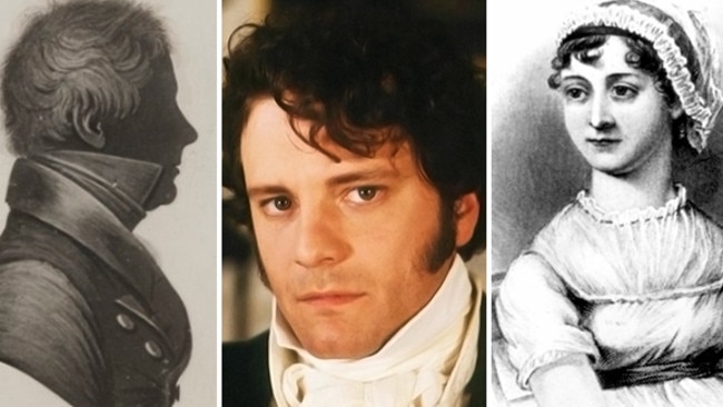 A silhouette of D’Arcy Wentworth (left), Colin Firth playing the character Mr Darcy in the TV adaptation of Pride and Prejudice (centre) and portrait of Jane Austen.