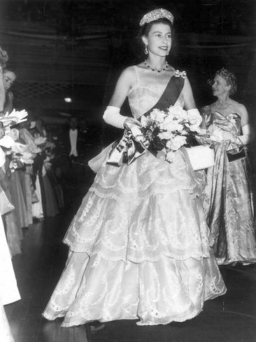 Queen Elizabeth II at the State Ballroom in Hobart for a civic reception in 1954.