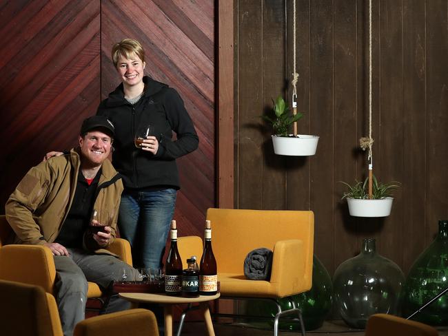 Brendan and Laura Carter at their cold store turned Applewood Distillery cellar door in Gumeracha. Picture: Dylan Coker