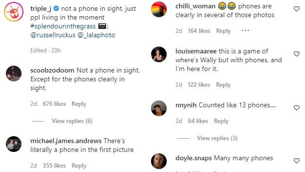 Triple J was ridiculed after sharing a series of photos from Splendour with the caption: “Not a phone in sight” - despite many of the crowd shots prominently featuring revellers with phones. Picture: Instagram