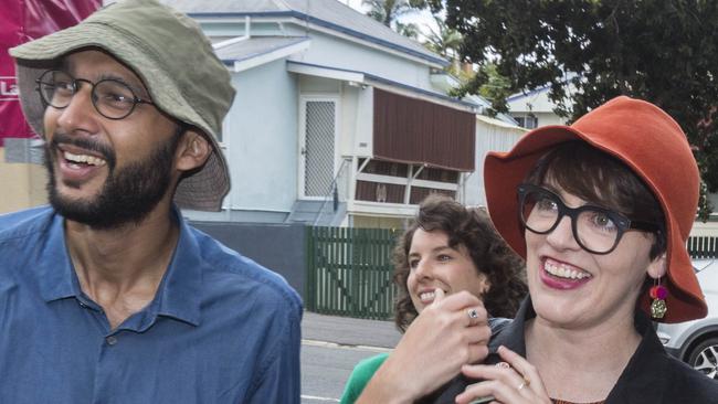 Green's candidate Amy MacMahon running for the seat of South Brisbane with Greens Councillor Jonathan Sri at a voting station at Brisbane State High School, Brisbane, Saturday, November 25, 2017. (AAP Image/Glenn Hunt) NO ARCHIVING