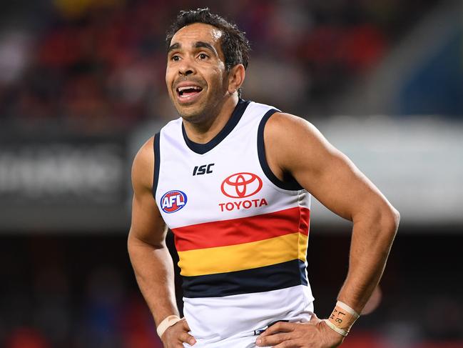 Eddie Betts of the Crows looks on following his 5th goal during the Round 17 AFL match between the Gold Coast Suns and the Adelaide Crows at Metricon Stadium on the Gold Coast, Saturday, July 13, 2019.  (AAP Image/Dave Hunt) NO ARCHIVING, EDITORIAL USE ONLY