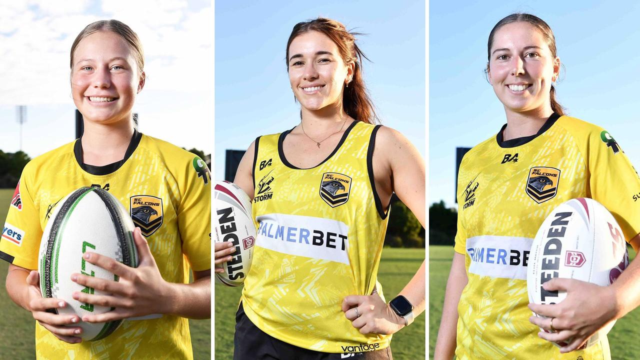 Caloundra Sharks and Falcons players Sky Antoniolli, Ella-J Harris and Makayla Henry. Pictures: Patrick Woods.