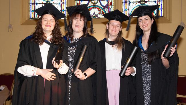 Master of Clinical Psychology graduates, from left; Blanche Beazley, Leisa Bonaventura, Alana Batch and Jordan Seach. UniSQ graduation ceremony at Empire Theatre, Tuesday June 27, 2023.