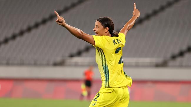 Australian striker Sam Kerr celebrates after scoring the Matildas’ second goal. Picture: Getty Images