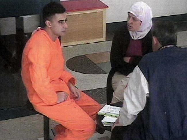 Bilal Skaf in 2002 with mother Baria and father Mustapha tried to smuggle out letters to his then girlfriend. Picture: Corrective Services NSW.