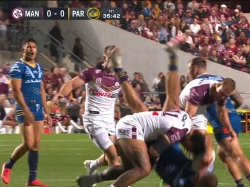 Sickening lifting tackle on Shaun Lane. Picture: Fox League