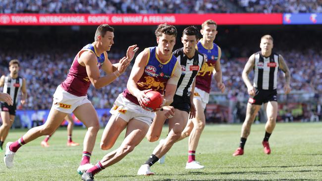 Lions star Jarrod Berry takes possession of the ball in the 2023 AFL grand final. Picture Lachie Millard