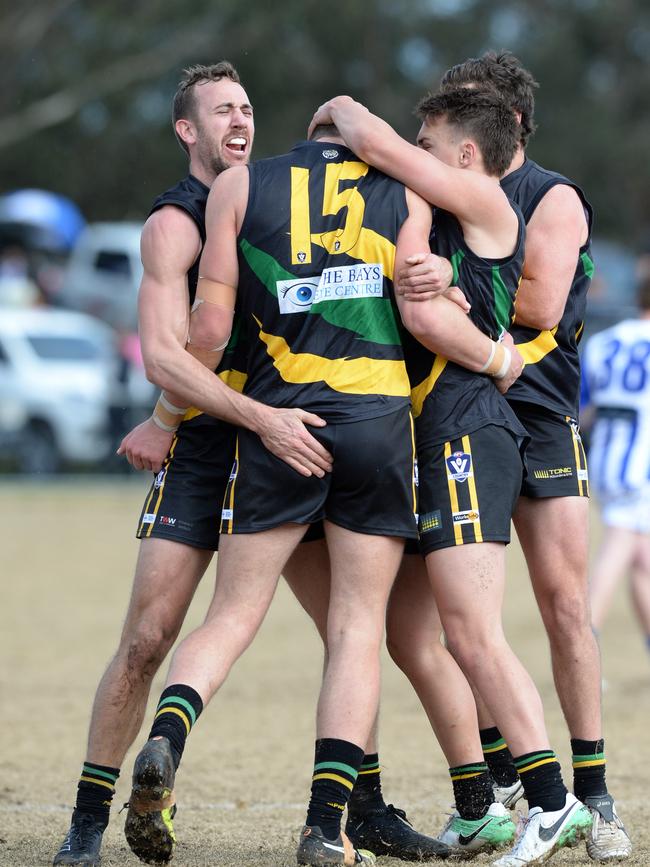 Dromana players get around Will Guerts. Picture: Chris Eastman