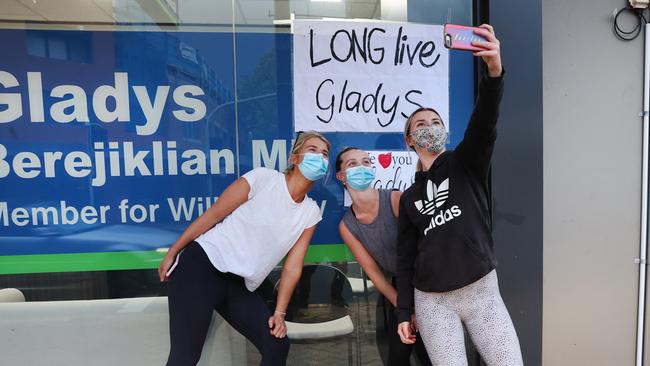 Lucy Lennon, Elise Dixon and Mim Dixon, show their support outside Gladys Berejiklian’s Northbridge office. Picture: Richard Dobson