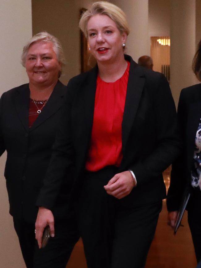 Bridget McKenzie with Senator Sam McMahon,on their way into the partyroom this morning. Picture: Gary Ramage.