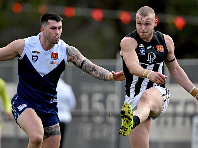 Melton SouthÃs Darby Schilder and DarleyÃs Brett Bewley during the Ballarat league Melton South v Darley football match in Melton, Saturday, June 22, 2024. Picture: Andy Brownbill